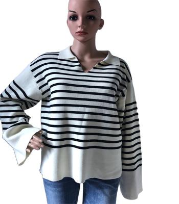 China Anti-wrinkle spring 22 new arrive lady's 100%cotton knitted striped long sleeve lap neck down oversized sweater for women for sale