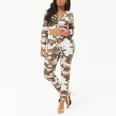 China Custom Women Anti-UV Terry Tracksuit French Camouflage Print Cropped Tracksuit Set For Women for sale