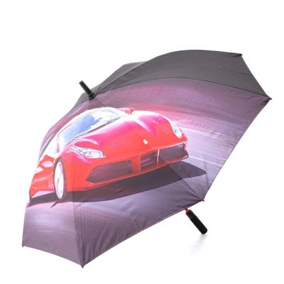 China Advesting red color car brand printing luxury full fiberglass frame high quality windproof new design for gift branded golf umbrella for sale