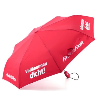 China Promotion Use Polyester Cheapest Price Daily Red Color Foldable Umbrella Transfer Printing Three Times Promotion Umbrellas for sale