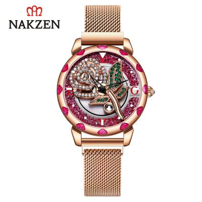 China Automatic Date NAKZEN European Style Time Running Luxury Women's Watch SS4231L Mesh Dial Cavity Quicksand Magnetic Belt Light Women's Watch for sale