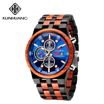 China KUNHUANG 1020 Full Calendar Dial Big Dial Chronograph Watch Men Fashion Quartz Wood Watch for sale