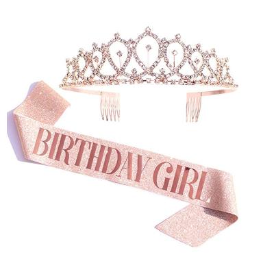 China Rhinestone Birthday Party Set Birthday Crown Gold Onion Fabric Birthday Girl Shoulder Band for sale