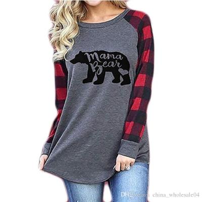 China Long Sleeve Plaid Women Graphic Tees Letter Print T-shirts Casual Viable Mom Bear Print Shirt Tops for sale