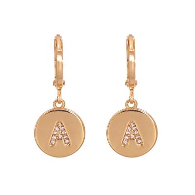 China TRENDY Inlay Zirconia Initial Circle Earrings 26 Alphabet Letter Earrings Copper Gold Plated Round for sale