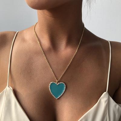 China Large Side Inlay Crystal Blue Enamel Heart Pendant Micro TRENDY Necklace Women Korean Jewelry for sale