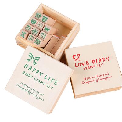 China 25 Pcs Eco-Friendly/Set Kawaii Diary Stamp Set Word DIY Green Red Wooden Stamp Work Funny School Supplies for sale