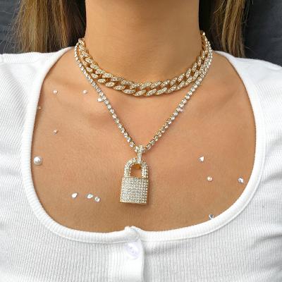 China Jewelry NK-1263 Female Punk Bling Rhinestone Iced Out Cuban Chain Choker Necklace Miami Women Lock Pendant Necklace for sale