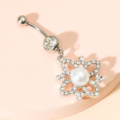 China BBR-194 Ebay Amazon Shape Zircon Belly Button Belly Button Ring Zircon Belly Button Ring Pearl Silver Flower Body Piercing Jewelry for sale