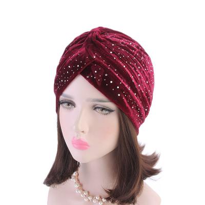 China Image T-305 Women Velvet Twist Luxury Turban With Beanie Head Wrap Cap Chemo Hat Hair Covering Rhinestone Hijab for sale