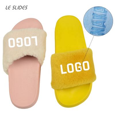 China CUSHIONING New Stylish Plush Bedroom Slippers Women OEM Design Soft Flip Flop Slides Custom Logo for sale