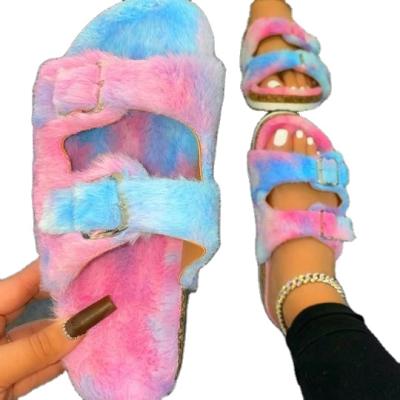 China Flat Women Sandals Winter Casual Fluffy Fur Slides Sandals Plush Slippers 2021 For Women And Ladies for sale