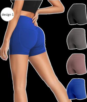 China Breathable Women Yoga Shorts 4 Designs High Waist Gym Workout Running Yoga Shorts With Pockets Spandex Sporty Short Pants for sale