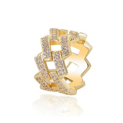 China Cuban Rings Diamond Shape 18K Ring Fine Jewelry Hiphop Zircon Real Gold Plated Rings For Man Hip Hop Jewelry for sale