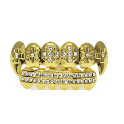 China Ease Fit 6+6 Zircon Cuspid Grillz Teeth Gold Plated Real Punk Teeth Say Gold Dental Lip Grillz For Women Men Body Jewelry for sale