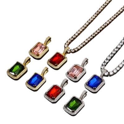 China Cheap Jewelry Emerald Ruby Gemstone Pendant Tennis Chain Hip Hop New Tasty Square Zircon Gold Gemstone Necklace Lead Free Nickel Free for sale