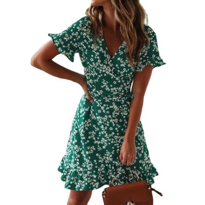 China Fashion Anti-Static Women Dresses Summer V Neck Floral Print Boho Beach Dress Sexy Ruffle Shorts Sheath A Line Mini Dress Wrap Sundress Robe for sale