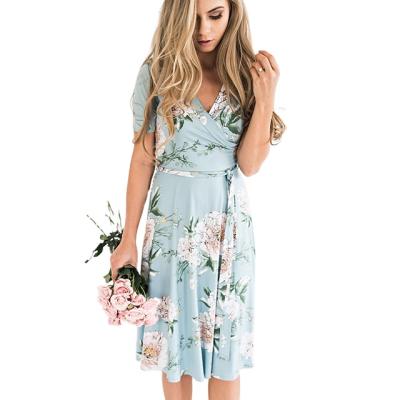 China Hot Sale Women's Summer Plus Size Boho Floral Loose Fashion Empire Short Sleeve V-Neck Dress Casual Belted Floral Skirt For Ladies for sale