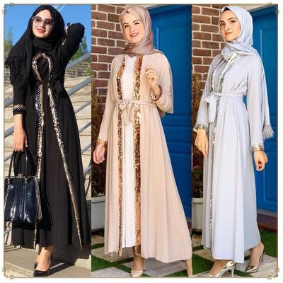 China Modest Muslimah Styling 2021 Chiffon Women's Gold Appliqued Abaya 3D Embroidery 3D Open Front Two Piece Dress With Inner Dress for sale