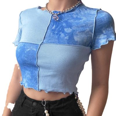 China Anti-wrinkle Short Casual Ladies Tie Dye T-shirt Summer Round Neck Purple Short Sleeve Top for sale