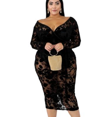 China TRANSLUCENT long sleeve dress for woman fat lace plus size autumn dresses v neck bag hip sheer skirt for sale