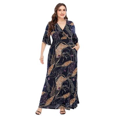 China Fashion Big Swing Print Fashion Mid-sleeve V-Neck Turkey Islamic Ladies Long Dress Anti-Static Skirt Plus Size Dress Plus Size Dress And Skirts for sale