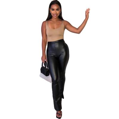 China Anti-Wrinkle Faux PU Leather Pencil Pants Chic Side Split Bodycon Skinny Color Women Tight Pants High Waist for sale