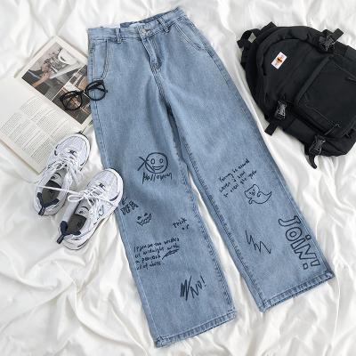 China QUICK DRY Women's Wide Leg Jeans 2021 Graffiti Blue Straight Leg Baggy Jeans For Streetwear Stylish Men's Loose Jean Pants for sale