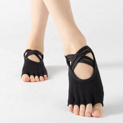 China New KANGYI Cotton Cross Strap Women Cotton Viable Black Short Open Toes Ankle Yoga Gym Socks for sale