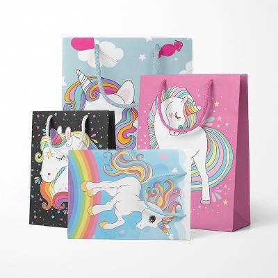 China 2021 Handmade New Design Rainbow Unicorn Paper Bag High Quality Cheap Gift Packaging Unicorn Shopping Paper Bags for sale