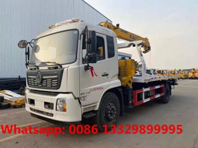 China Dongfeng tianjin 4*2 LHD 8T flatbed wrecker towing truck with telescopic crane boom, Good price breakdown recovery truck for sale