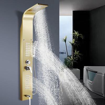 China Gold Nickel Free Sliding Bar Brushed Shower Panel Column Towers Spa Jets Waterfall 304Stainless Shower Wall Panel Smart Shower Panel for sale