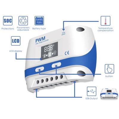 China Solar Charger Controller Mini PWM Charging Controller 12V 24V 10Amp 20Amp 30Amp 40Amp 50Amp 60Amp Solar Charger Controller for sale