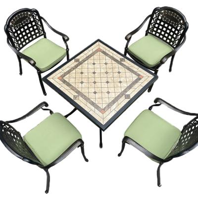 China Wholesale cheap modern metal furniture outdoor garden durable all aluminum square cutout mosaic table and chairs set for sale