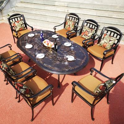 China Durable Outdoor Patio Table Set Cast Aluminum Color Furniture Cast Iron Patio Leisure Outdoor Reception Table and Black Chairs Sets for sale