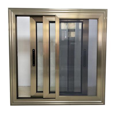 China Champagne Color Aluminum Sliding Window 3 Ways Screen Heat Insulation Magnetic Soundproof Sliding Window for sale