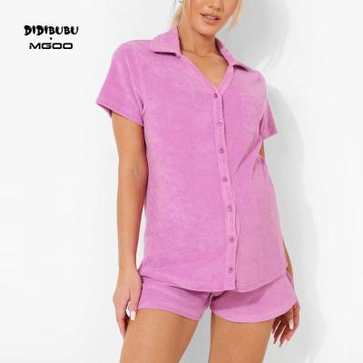 China DIDIBUBU Women Solid Terry Cloth Breathable Short Sleeve Pajamas Button Up Custom Cotton Pajamas for sale