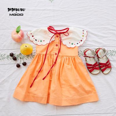 China DIDIBUBU Anti-wrinkle Kids Wear Fruity Oversized Notched Fruity 100% Cotton Embroidery Collar Flower Button Hand-tie String Dress For Girls for sale