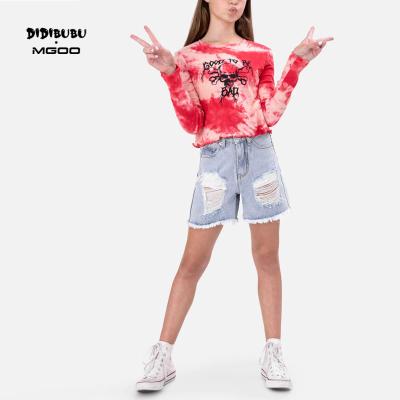 China DIDIBUBU Anti-pilling Long Sleeve T-shirts Red Tie Dye Ribbing Custom Tee Print Girl Tie Dye Tee for sale