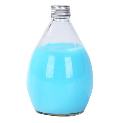 China Fashionable Customizeds Mini Drop Shape Glass Juice Bottles Drinks with Matel Lids for sale