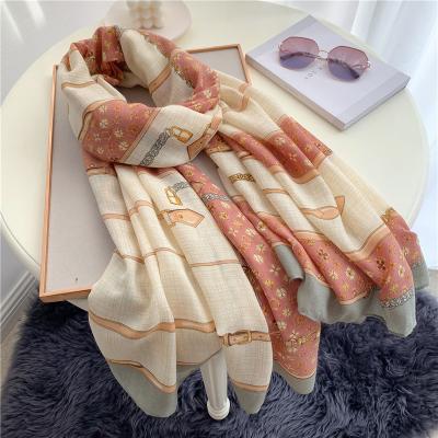 China 2020 Manufacturers European American Custom Ladies Luxury Soft Blue Color Letter Printed Hijabs Shawls Cotton Viscose Scarves Big Long Scarf for sale