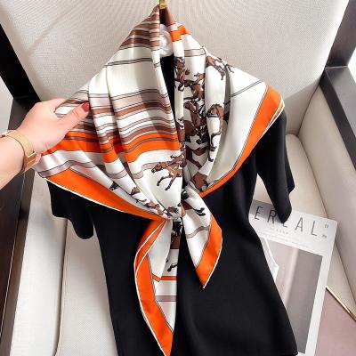 China 90*90cm Checked Silk Shawls And Scarves Fashion Horse Printed Scarf Women Neck Scarf Square Wraps Head Scarves Elegant 2021 Female for sale