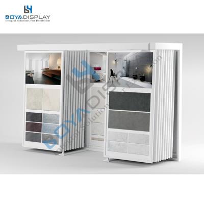 China Durable Boya Customized New Arrive Decorative Stone Hanging Type Display Rack Design Ceramic Tile Sample Floor Slide Door Rack for sale