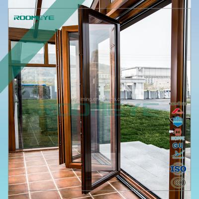 China Traditional Aluminum Wood Exterior Folding Door With Tempered Glass Germany Hardware for sale