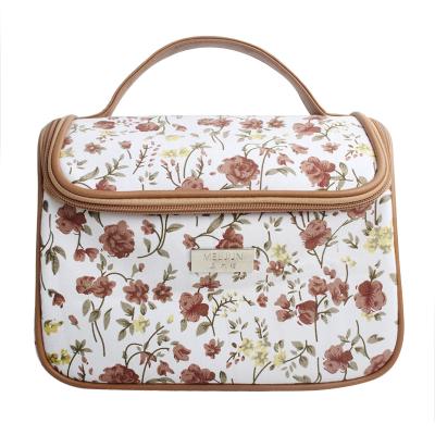 China Large Capacity Portable Flower Printing Beauty Cosmetic Soft Leather Case Travel PU Box Custom Makeup Bag for sale