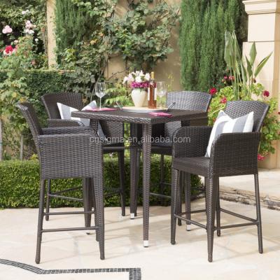 China Contemporary Outdoor Furniture PE Rattan Bar Table And 4 Pcs Chairs 5 Piece Wicker 32 Inch Square Bar Set for sale