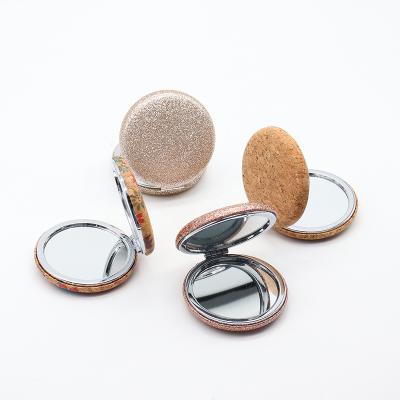 China Fashion Bling Gold Black Round 70mm PU Glitter Contract Mirror Lighted Leather Travel Pocket Mirror Handheld Cosmetic Make Up Mirror for sale