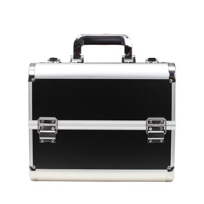 China Double Small Plastic Train Case Four Open Aluminum Cosmetic Trays Waterproof Inside Professional Nail Makeup Aluminum Cosmetic Train Case for sale