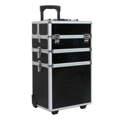 China Waterproof 3 in 1 Professional Aluminum Makeup Trolley Case with Wheels Professional Rolling Makeup Trolley Organizer Case for sale