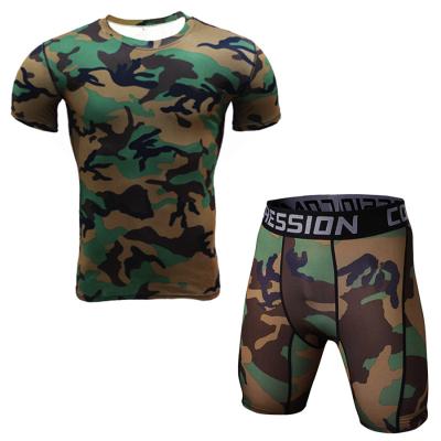 China Anti-Static Cheap Gym Compression 2 Pieces Sets New Design Men's Compression Workout Sports T-Shirt And Short Set for sale